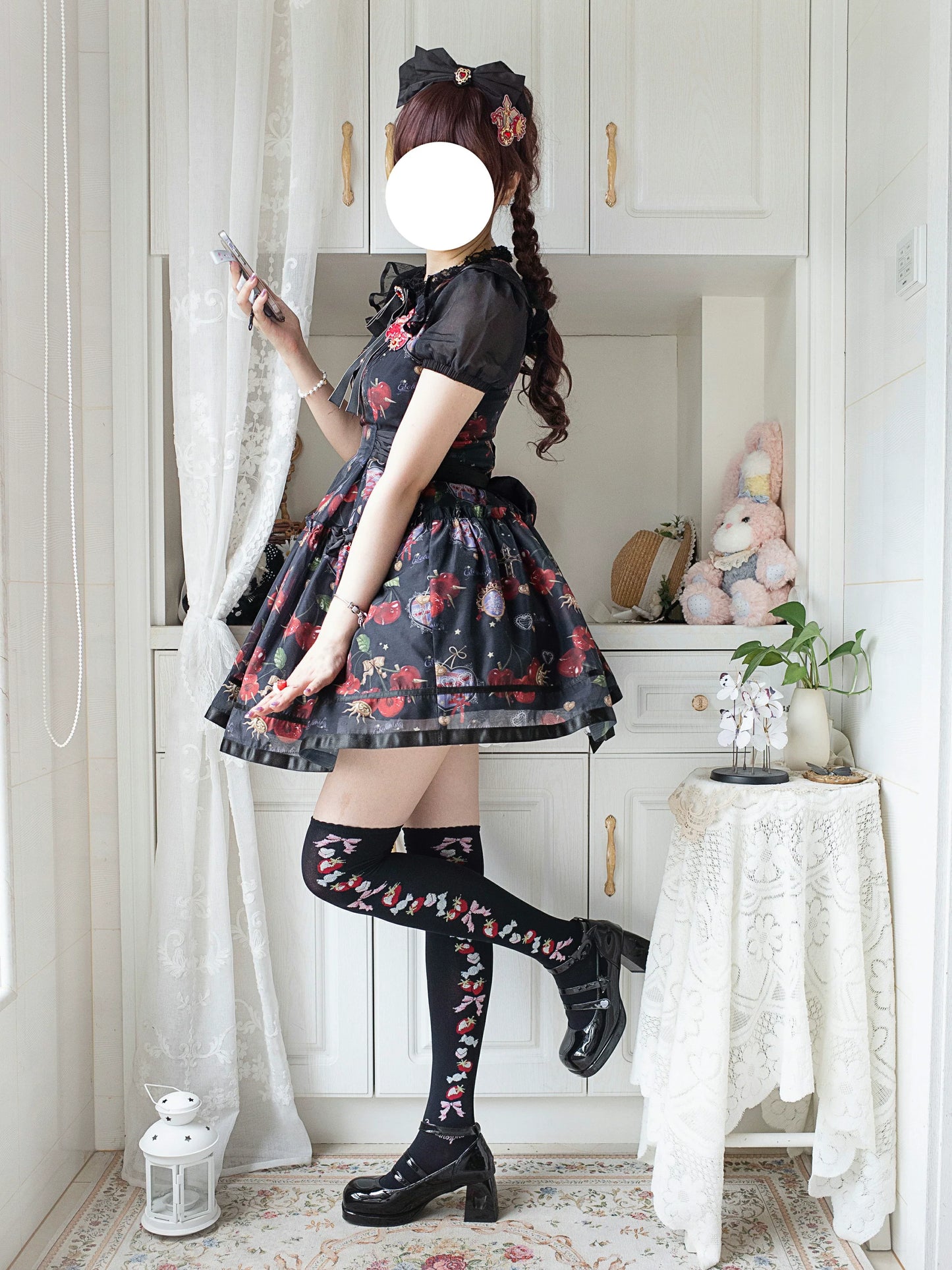 Gloaming - Sweet Lolita Cherry print Short Sleeve OP and SK Set