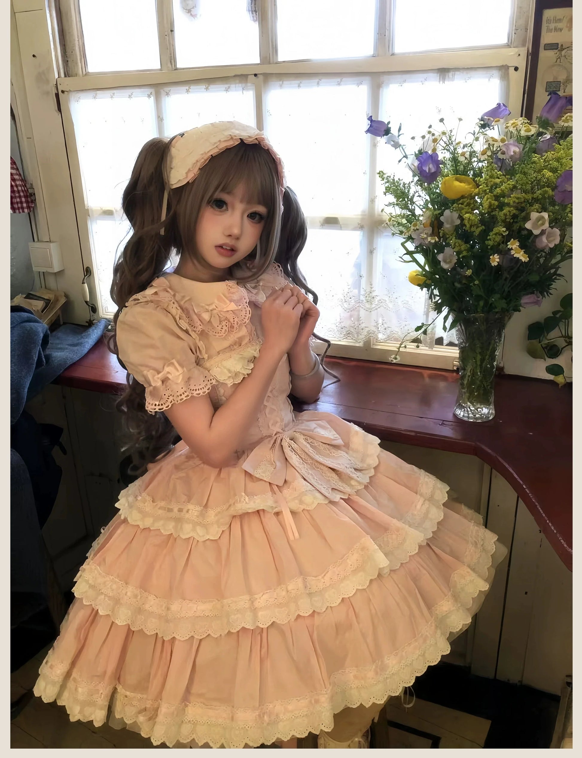 TaTaTa Lolita - Otome Heart - Cotton Old School Lolita JSK Dress Suit, Heart-Shaped Lace Trim