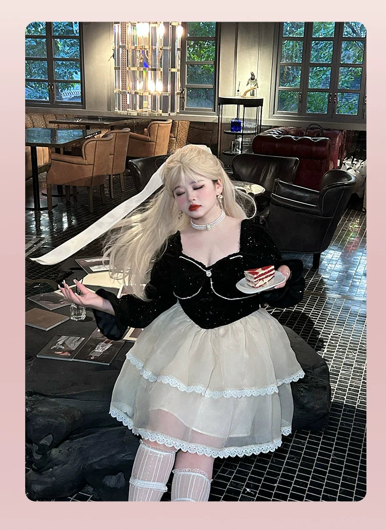 Yingtang - Plus Size Lolita Dress Velvet Long Sleeve