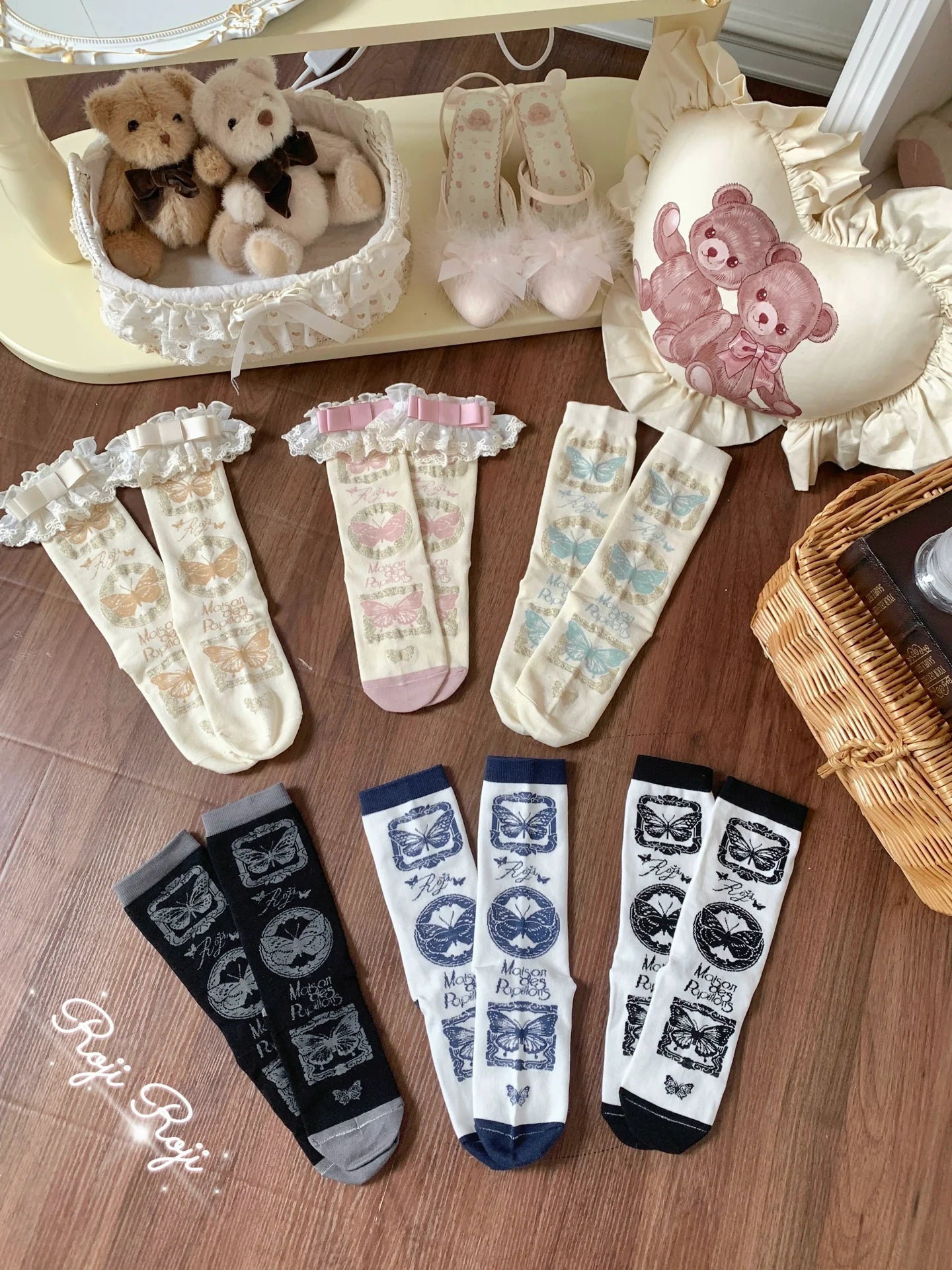 Roji Roji - Sweet Lolita Cotton Socks, Detachable Cuff Bow Trim