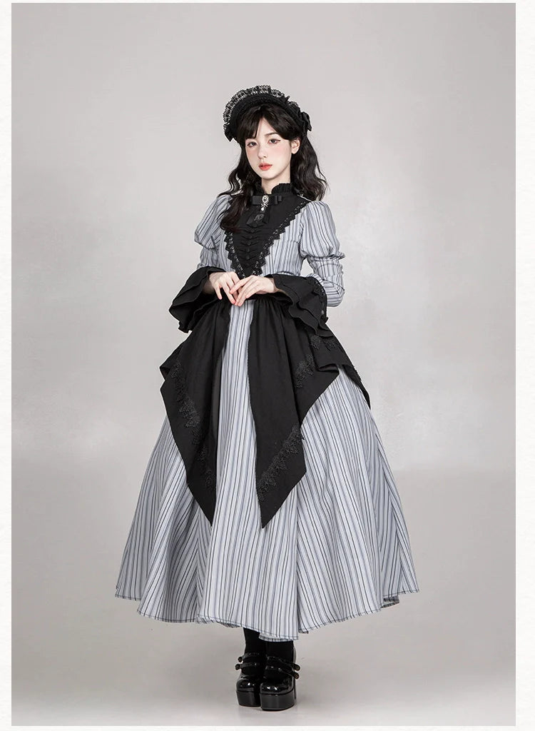 With PUJI - Nocturne SP - Striped Gothic Lolita OP Twin Lolita Dress with Apron