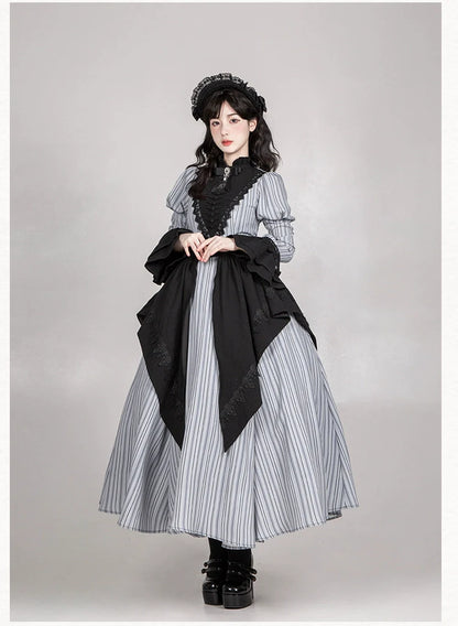 With PUJI - Nocturne SP - Striped Gothic Lolita OP Twin Lolita Dress with Apron