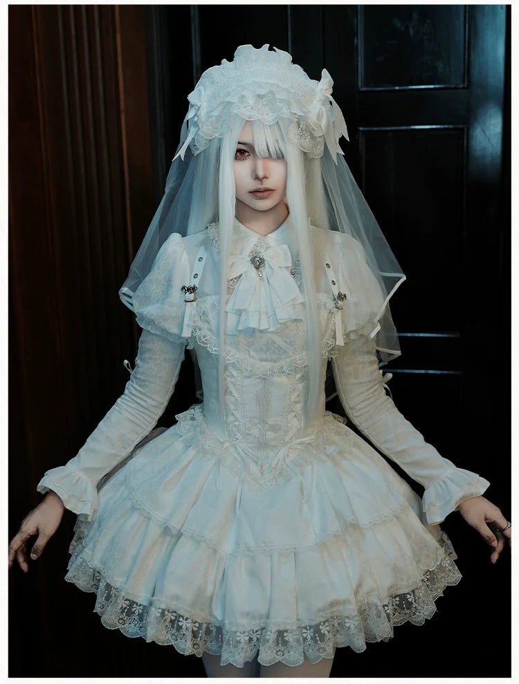 With PUJI - Fallen Heaven - White Gothic Lolita OP Set, Double Layered Skirt