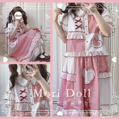 Mori Doll - Peach Tea - Sweet Lolita Dot and Stripe Print Short Sleeve Blouse