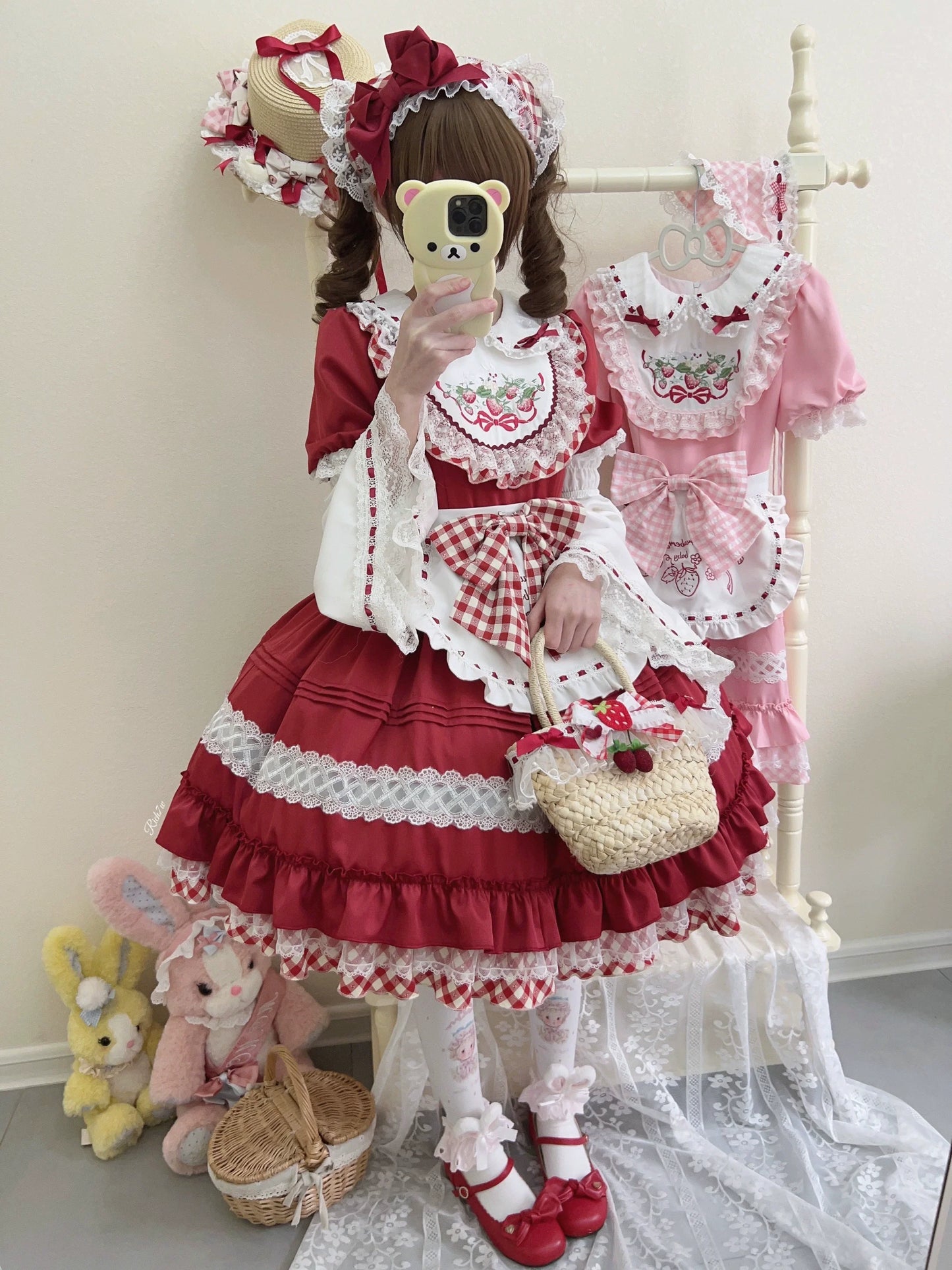 Sugar Girl - Strawberry Tea - Sweet Red Lolita OP Dress Short Sleeve Apron Dress