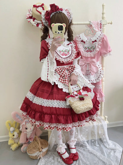 Sugar Girl - Strawberry Tea - Sweet Red Lolita OP Dress Short Sleeve Apron Dress
