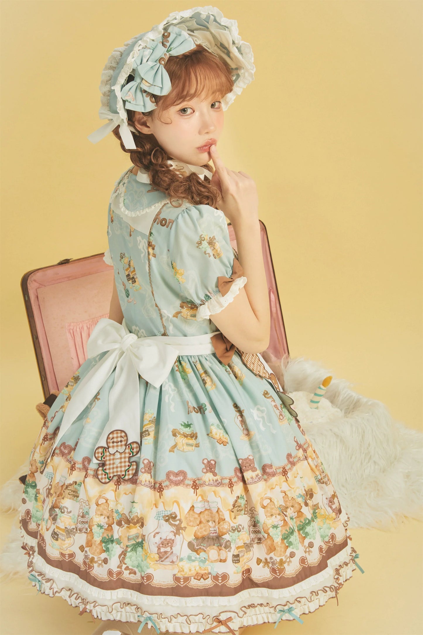 Babyblue - Little Bear Honey Jar - Kawaii Lolita Short Sleeve OP Gingerbread Man Embroidered Dress