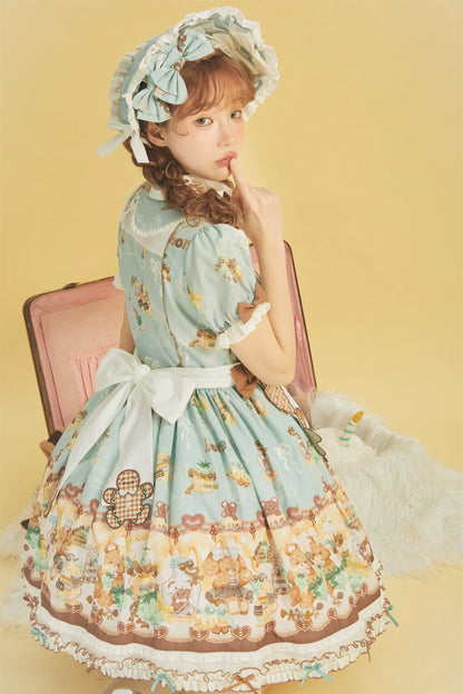 Babyblue - Little Bear Honey Jar - Kawaii Lolita Short Sleeve OP Gingerbread Man Embroidered Dress