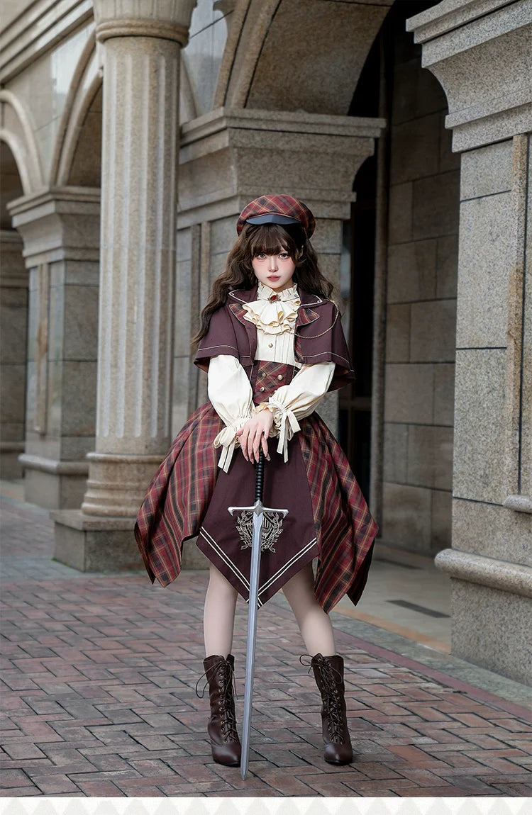 Forest Fluorescent Carps - Queen's Game - Military Lolita OP, Ouji Plaid Lolita Dress Set