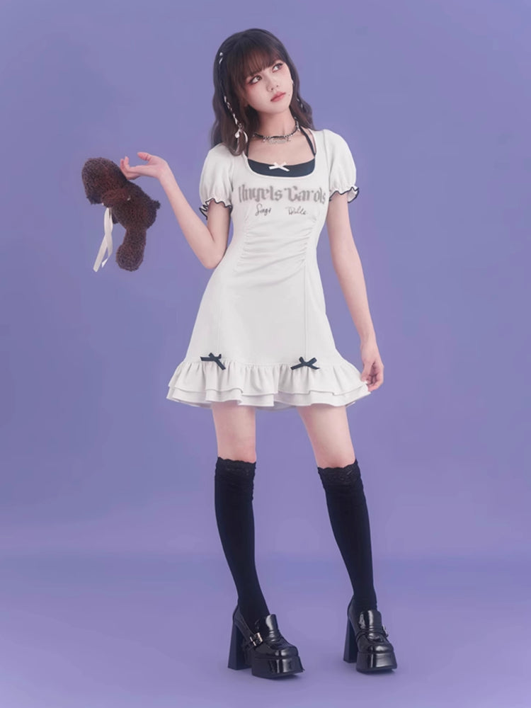 Strap halter neck short sleeve dress【s0000007842】