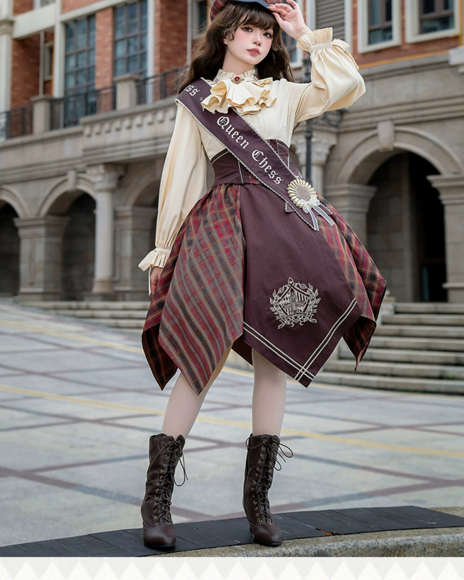 Forest Fluorescent Carps - Queen's Game - Military Lolita OP, Ouji Plaid Lolita Dress Set