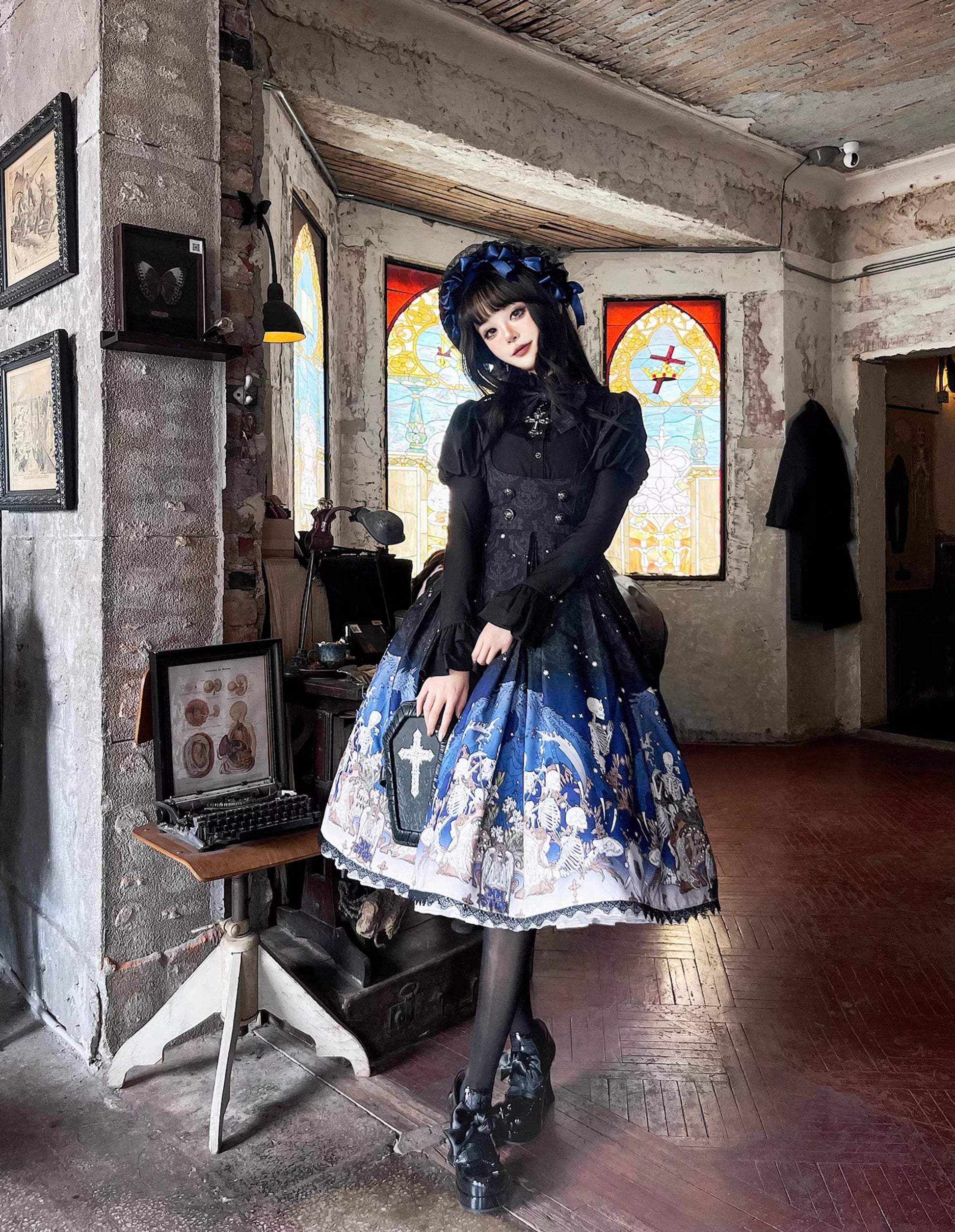 Nn Star - Dragonbone Lily - Dragon Skeleton Print Gothic Lolita Bust-supporting JSK and BNT