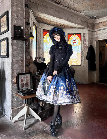 Nn Star - Dragonbone Lily - Dragon Skeleton Print Gothic Lolita Bust-supporting JSK and BNT