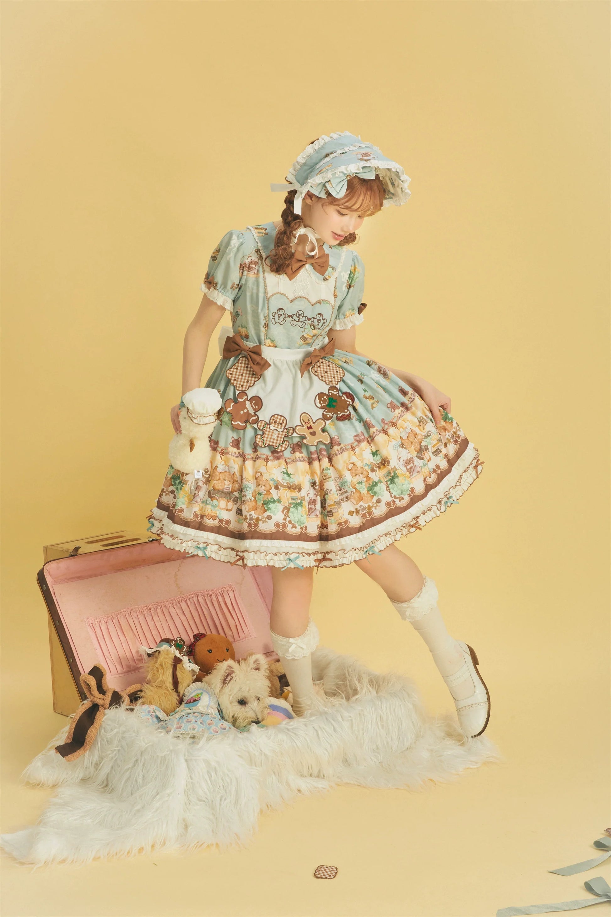 Babyblue - Little Bear Honey Jar - Kawaii Lolita Short Sleeve OP Gingerbread Man Embroidered Dress