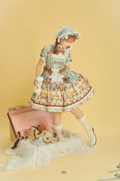 Babyblue - Little Bear Honey Jar - Kawaii Lolita Short Sleeve OP Gingerbread Man Embroidered Dress