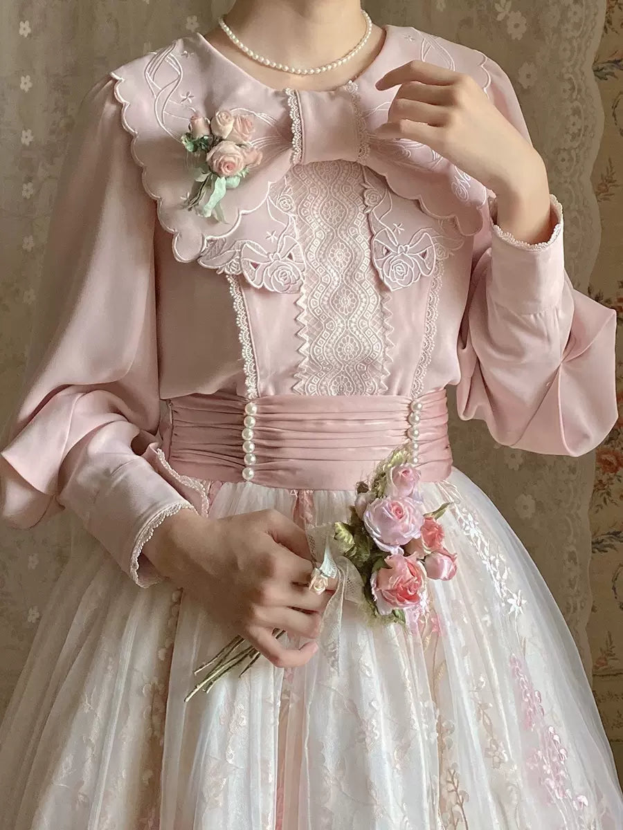 ZeeYe - Night Rose - Classic Lolita Shirt Double Layer Bow Embroidered Versatile Blouse