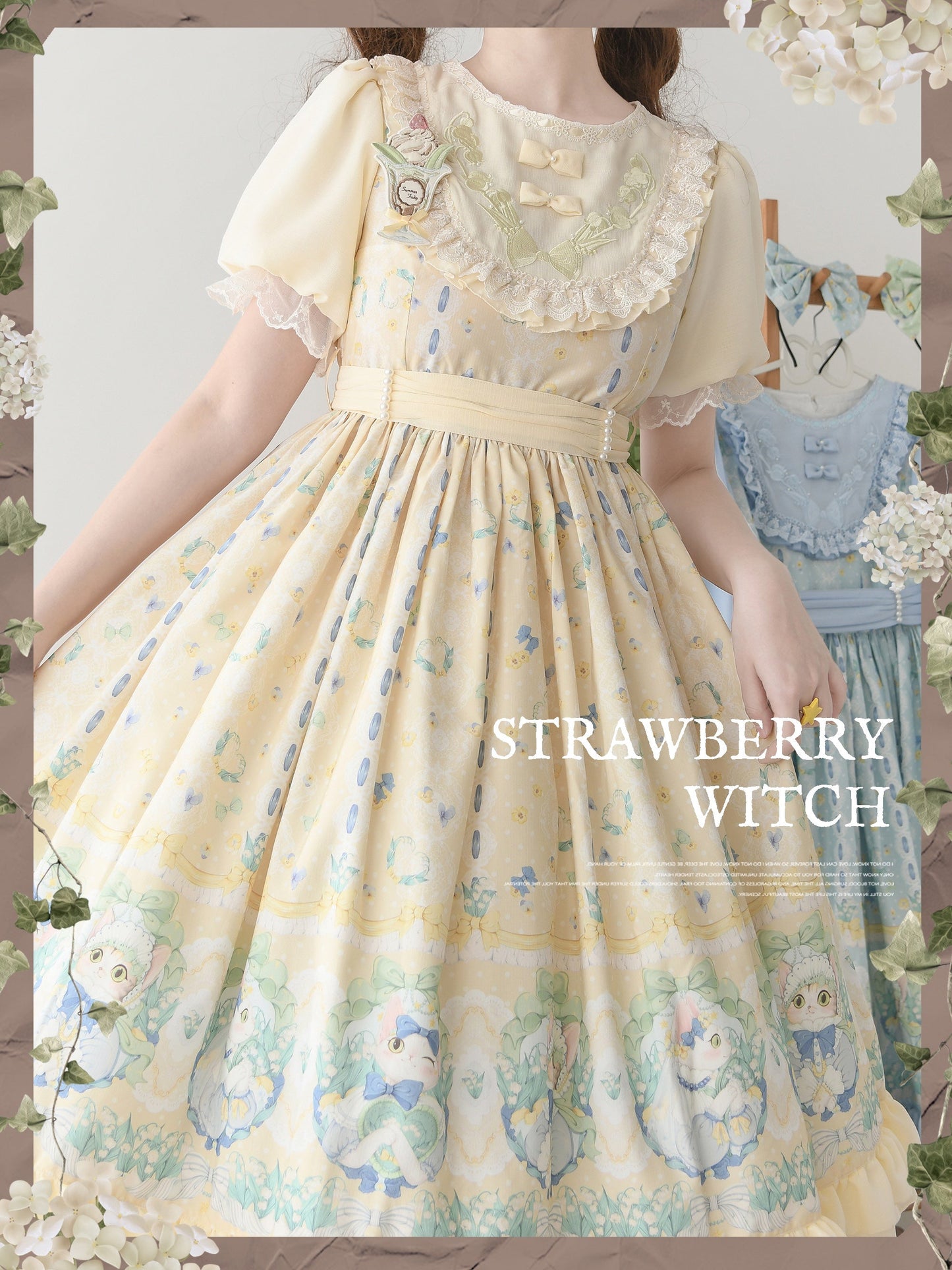 Strawberry Witch - Lily of the Valley Kitten - Country Lolita OP with Embroidery and Cat Print