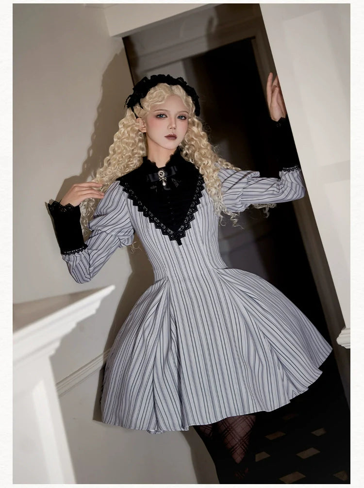 With PUJI - Nocturne SP - Striped Gothic Lolita OP Twin Lolita Dress with Apron