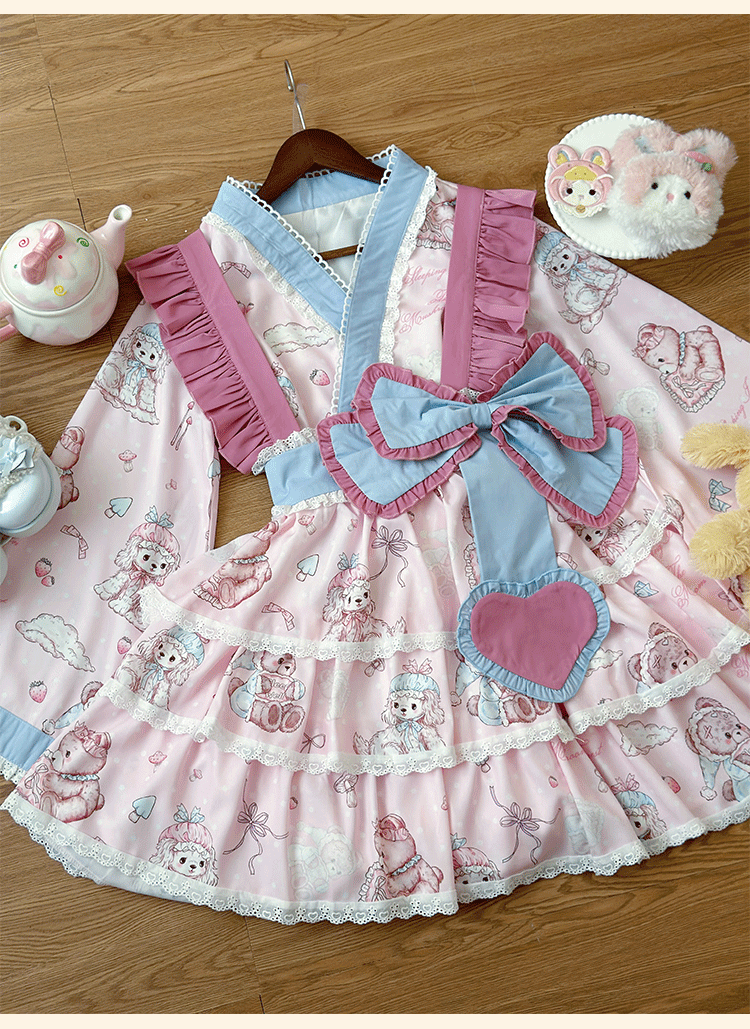 Niu Niu - Showa Moe Bear - Plus Size Wa Lolita Dress Set Kawaii Lolita SK Suit