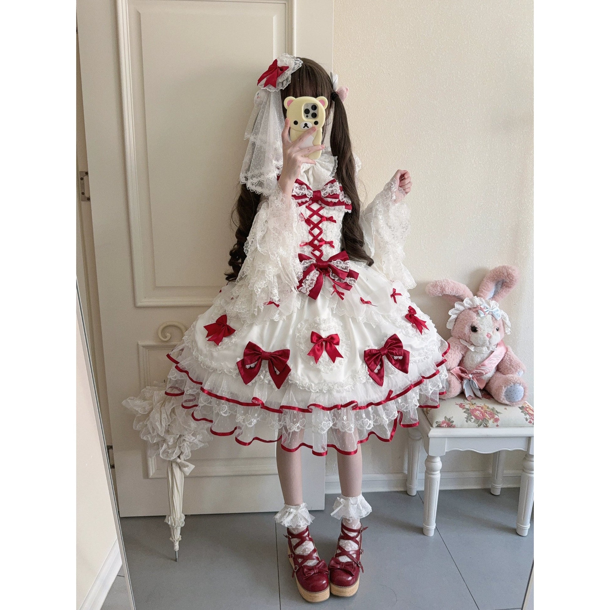 Sugar Girl - Velvet Sweetheart - Doll-like Sweet Lolita Jumper Dress, Bow Accents