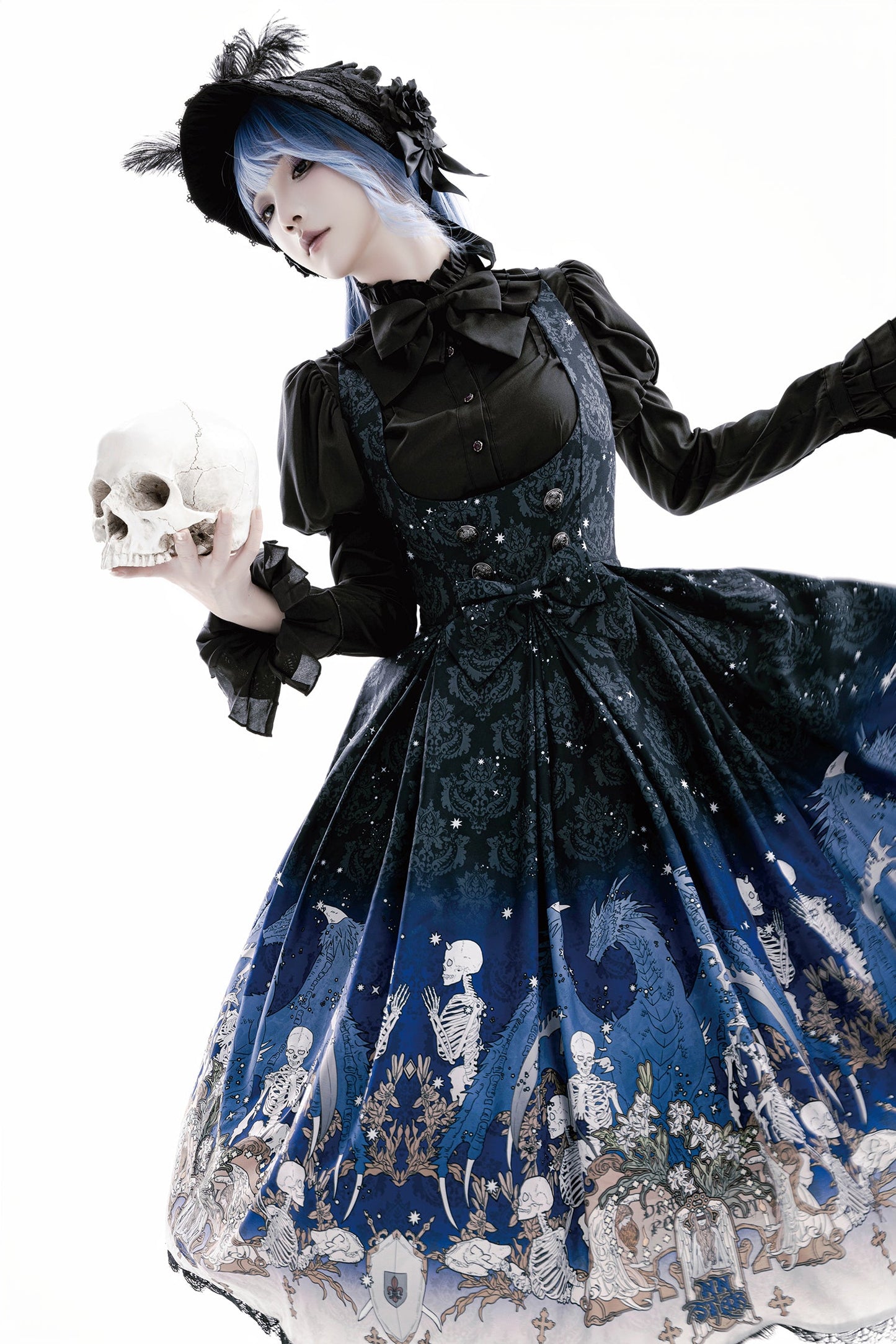 Nn Star - Dragonbone Lily - Dragon Skeleton Print Gothic Lolita Bust-supporting JSK and BNT