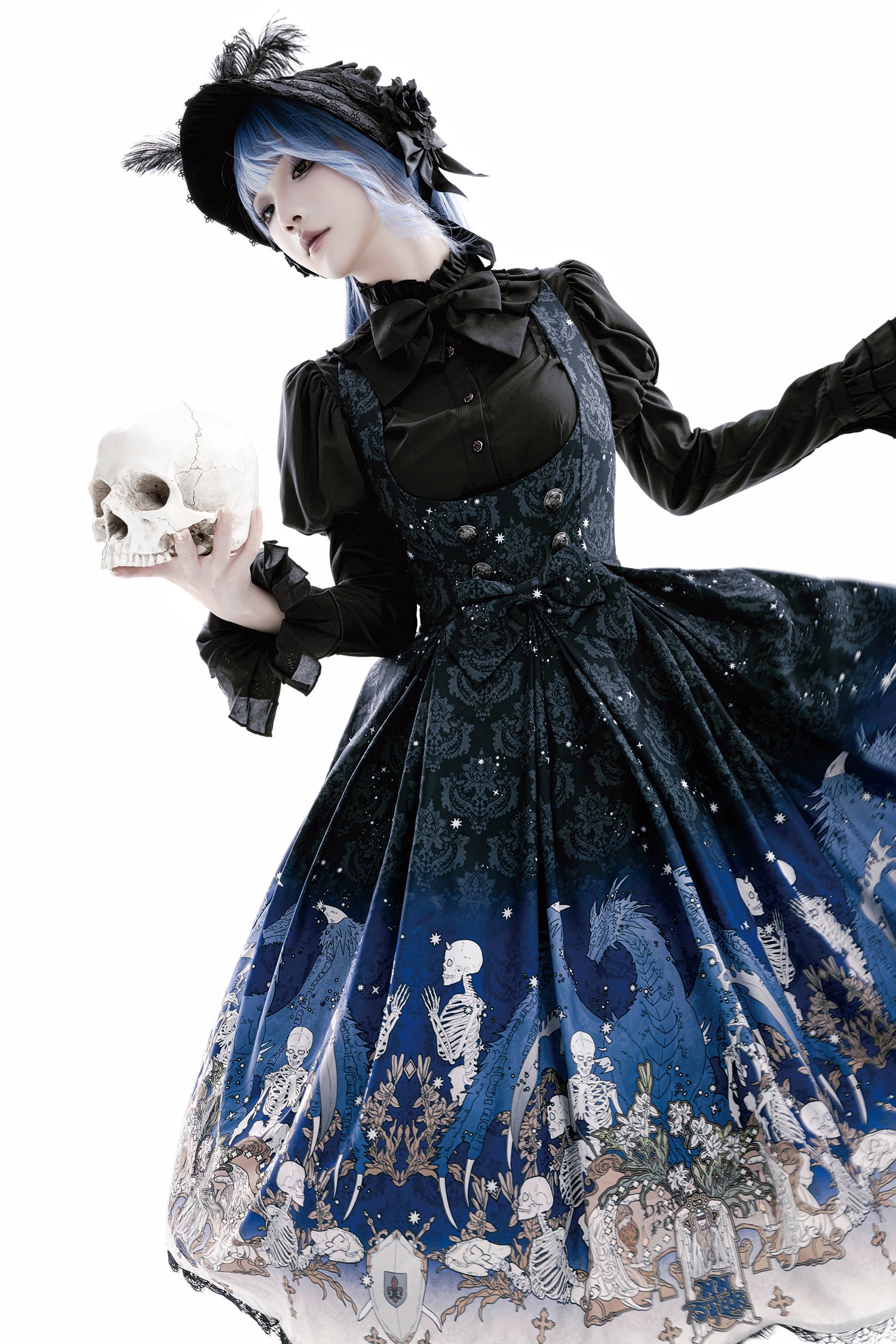 Nn Star - Dragonbone Lily - Dragon Skeleton Print Gothic Lolita Bust-supporting JSK and BNT