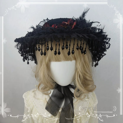Cocoa Jam - Gothic Lolita Flat Hat, With Ribbon Ties