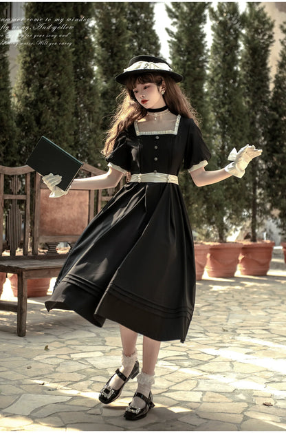 HuTaoMuJK - Thoughts - Vintage Lolita OP Dress Square Neckline Black Lolita Dress