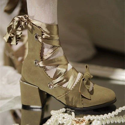 MR.Qiutian - Muse Kiss - Elegant Lolita Shoes Lace-up Bow Heels Round Toe