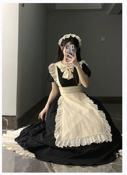 With PUJI - Kiss Kiss - Vintage Lolita OP Dress Maid Lolita Apron Dress