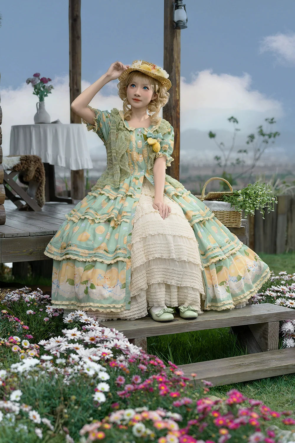 Miss Point - Lemon Chick - Country Lolita Printed OP With Button Front