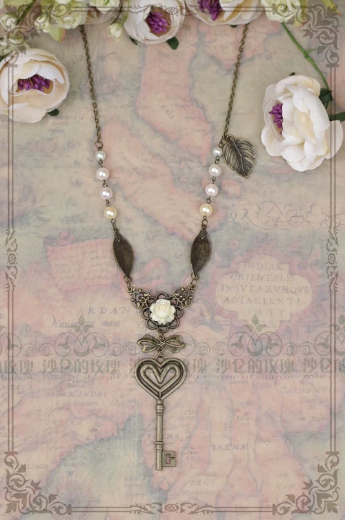 Rose of Sharon - Garden Key - Retro Lolita Necklace Long Pearl Sweater Chain