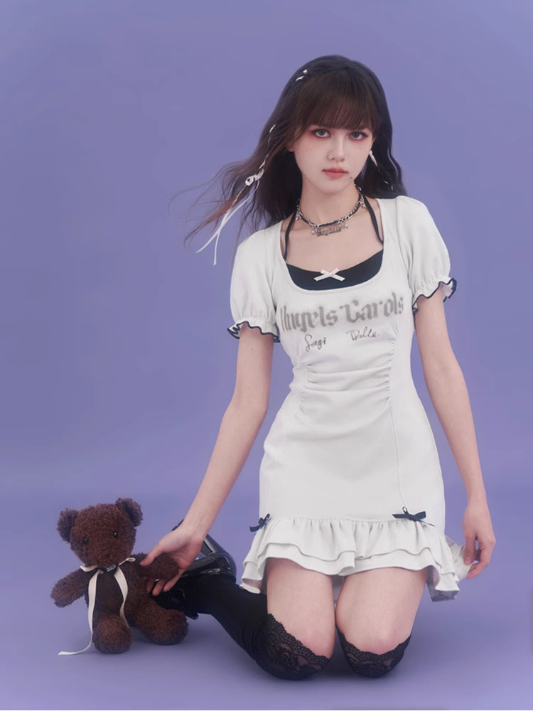 Strap halter neck short sleeve dress【s0000007842】