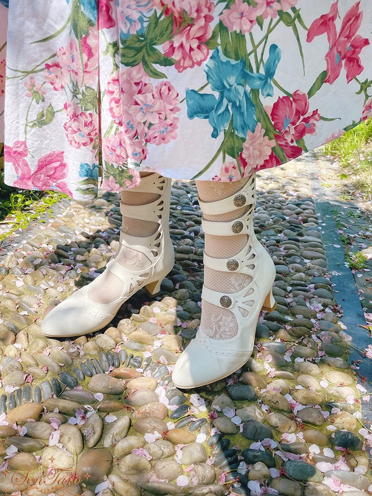 Sentaro - Floral Carved - Vintage Lolita Shoes Mary Jane Hollow-out Ankle Boots