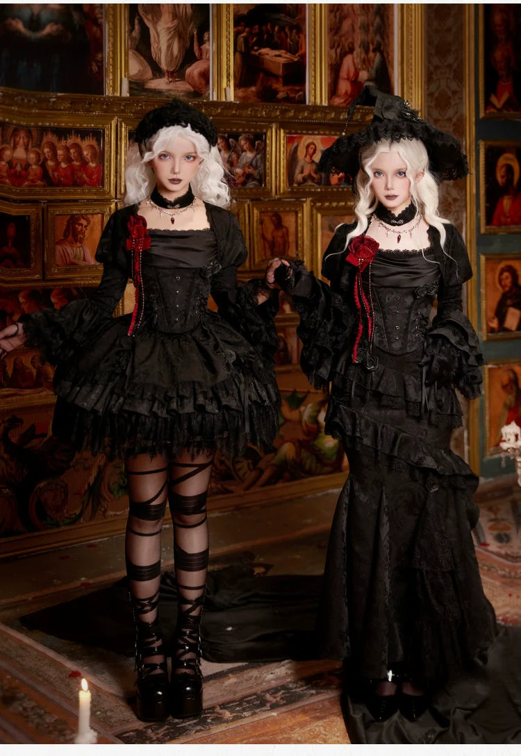 With PUJI - Letter and Poetry ﾂｷ Twilight - Black Gothic Lolita Skirt Set, Witch-Inspired