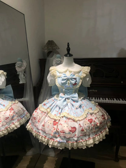 Sweet Dreamland - Bunny Party - Printed Sweet Lolita JSK, Bow Trailing