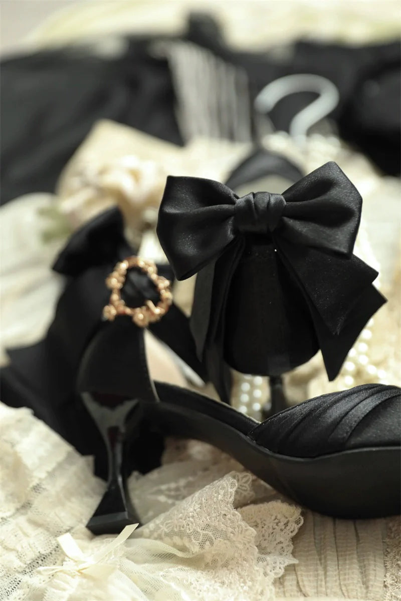 MR.Qiutian - Coronation - Elegant Lolita Shoes Satin Heels With Rose Buckle & Bow Clip