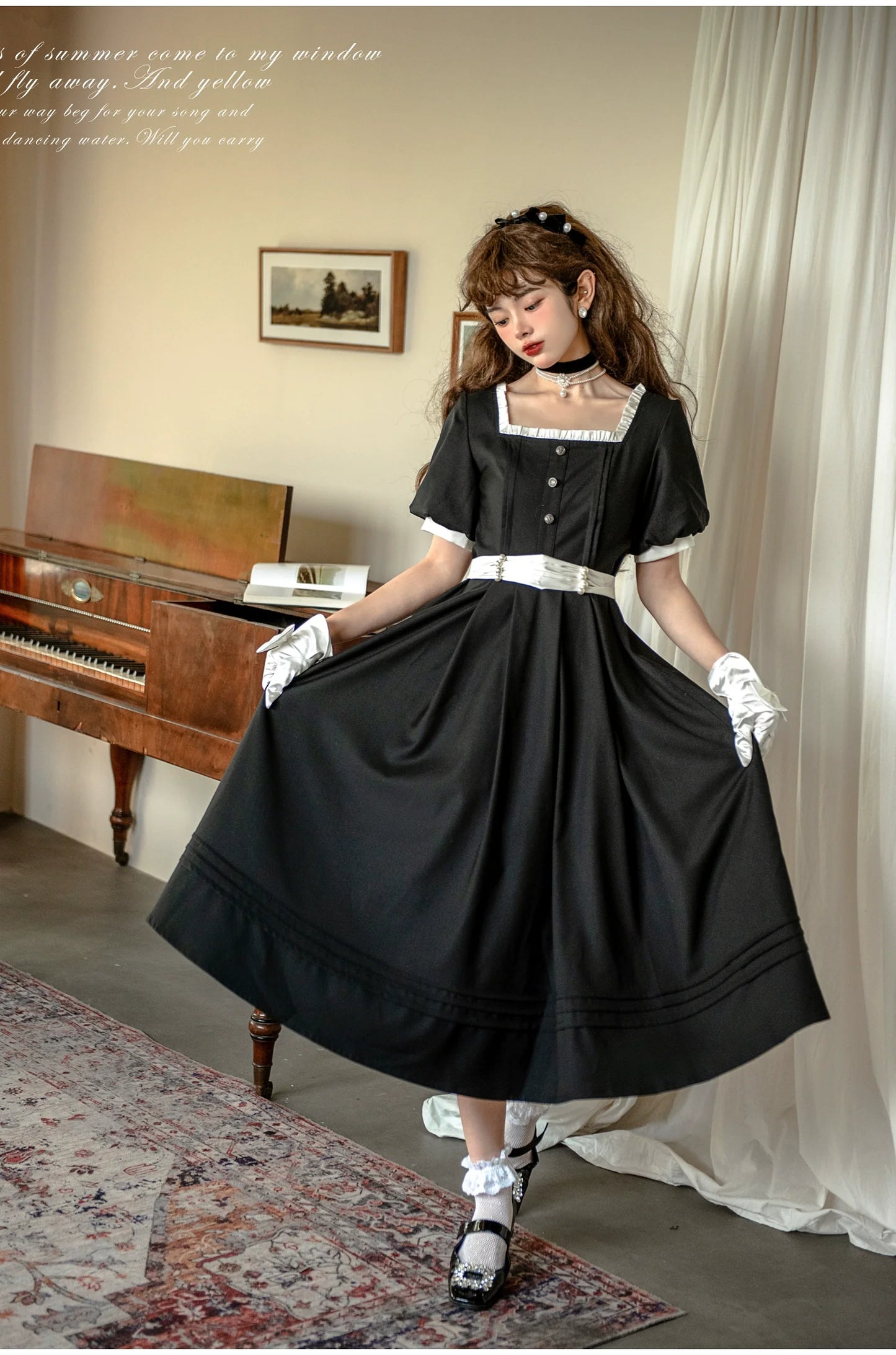 HuTaoMuJK - Thoughts - Vintage Lolita OP Dress Square Neckline Black Lolita Dress