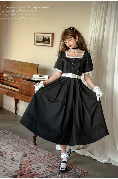 HuTaoMuJK - Thoughts - Vintage Lolita OP Dress Square Neckline Black Lolita Dress