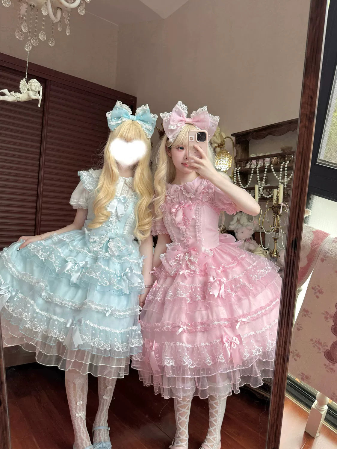 Hanguliang - Fudie Heart - Sweet Lolita JSK Dress With Tiered Skirt and Bow Trailing