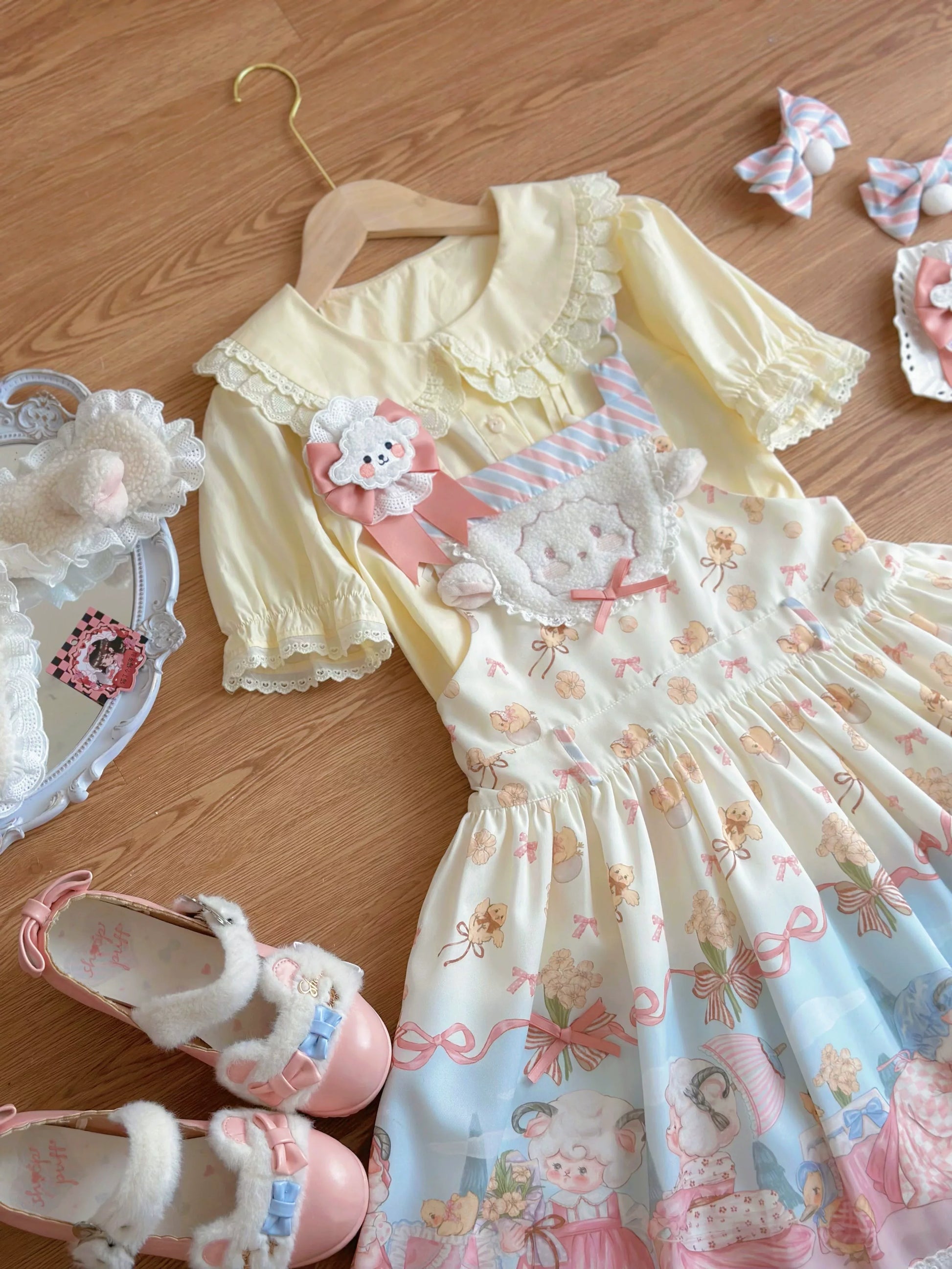 MeowMeow - Dance of the Lambs - Kawaii Lolita Salopette Dress With Cute Animal Prints