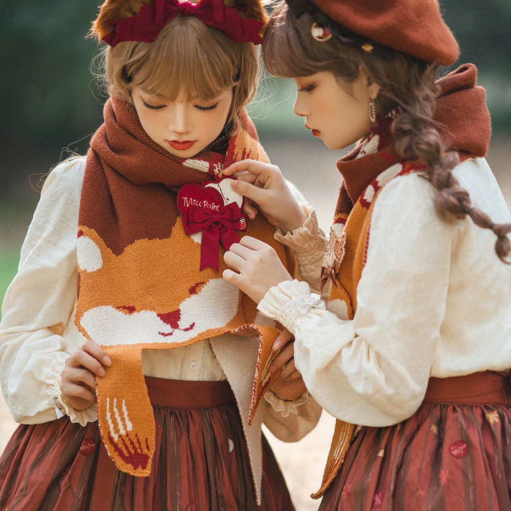 Miss Point - Chubby Fox in the Forest - Kawaii Lolita Accessories Knitted Fox Scarf Embroidered Faux Collar