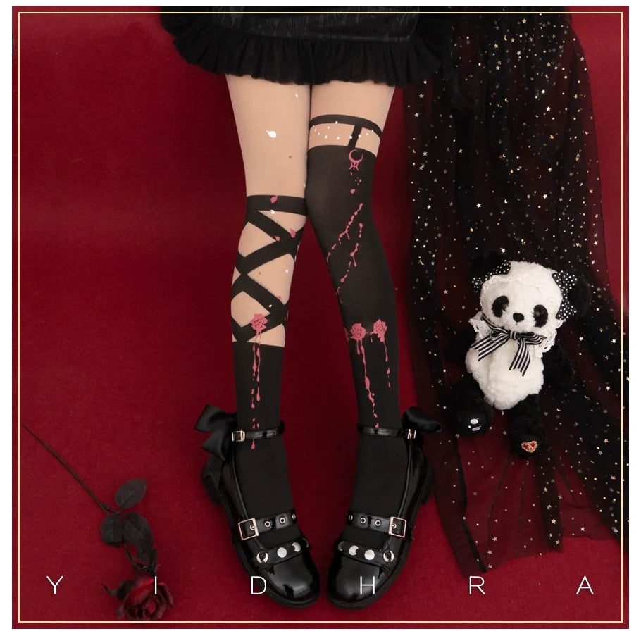 Yidhra - Fantasy Bride - Goth Lolita Pantyhose Rose Prints Pantyhoses