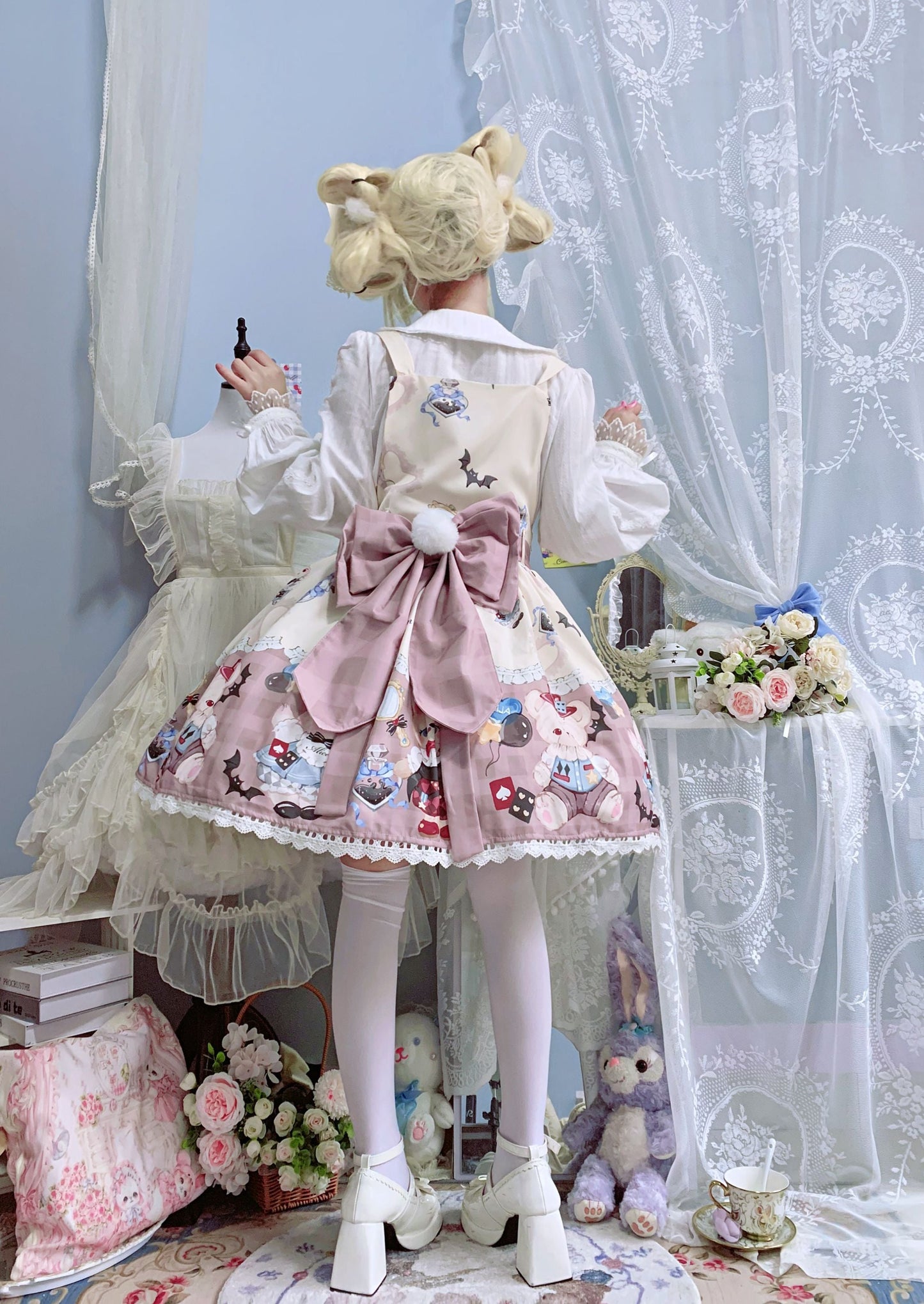 Night Never Sleeps - Bunny Meow Bear - Kawaii Lolita Salopette Bear Print Dress