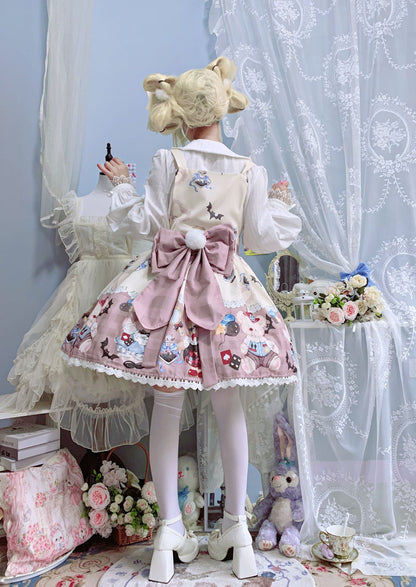 Night Never Sleeps - Bunny Meow Bear - Kawaii Lolita Salopette Bear Print Dress