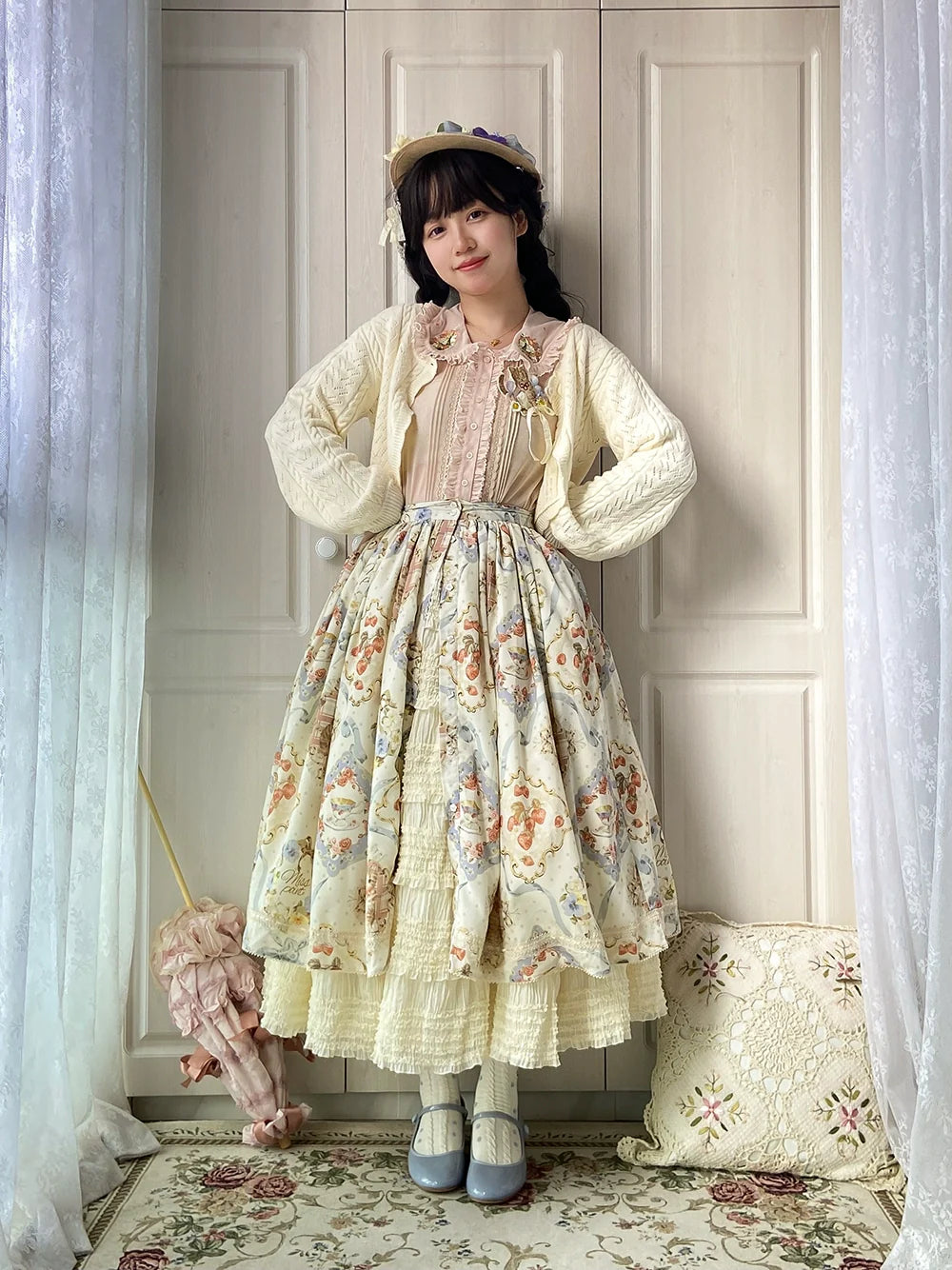 Miss Point - Cat Rose Tea - Sweet Lolita Skirt with Cute Prints Customized Size