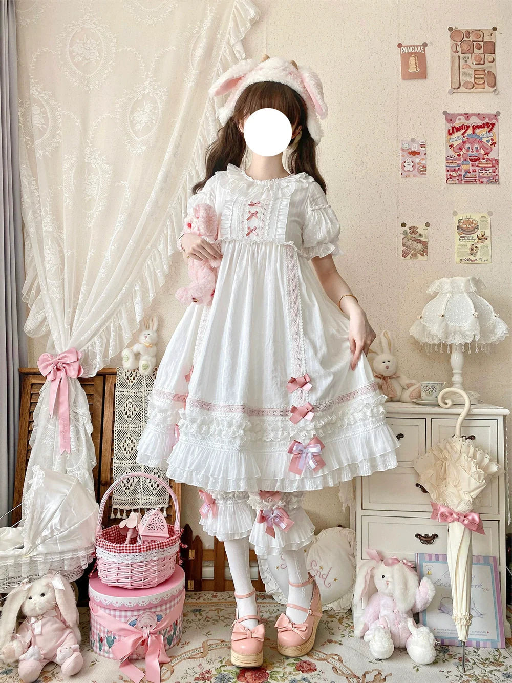 Ilovexiaolu - Meow Lullaby - Cotton Kawaii Lolita OP Dress with Removable Kitty Apron