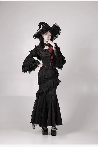 With PUJI - Letter and Poetry ﾂｷ Twilight - Black Gothic Lolita Skirt Set, Witch-Inspired
