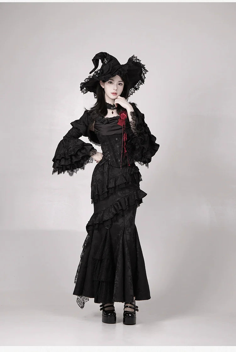 With PUJI - Letter and Poetry ﾂｷ Twilight - Black Gothic Lolita Skirt Set, Witch-Inspired
