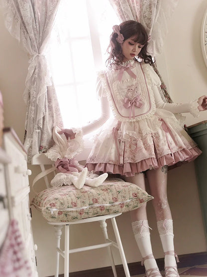 Half Sweet Lolita - Doll Garden - Sweet Lolita JSK Dress Cat Print Pink Dress Set